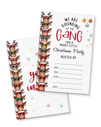 QZJ Reindeer Christmas Party Invitations Supplies with Envelopes Set of 20 Were Rounding Up the Gang Party Invites Fill in Blank Double Sided