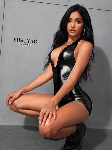 Image of EHSUYAB Sexy Metallic Bodycon Romper, Tie Halter, One Piece Backless Club Outfit