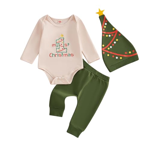 Image of MAYUMMPY Baby Boy Girl My First Christmas Clothes Sets Long Sleeve Letter Deer Romper Pants Hat Newborn Christmas Outfit (Letter Embroidery Green, 3-6 Months)