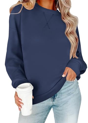 RUMIA Womens Casual Long Sleeve Crewneck Sweatshirt Loose Fit Solid Comfy Pullover Tunic Shirts Tops Blouse Fall 2025 Fashion Navy Small