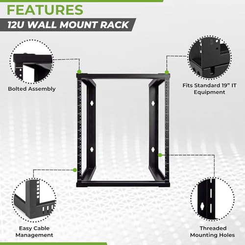 Image of NavePoint 12U Wall Mount Rack - Server Rack for 19 Inch IT Equipment Open Frame Rack - Network Rack for AV & Server Equipment 16 inch Deep Rack, Black