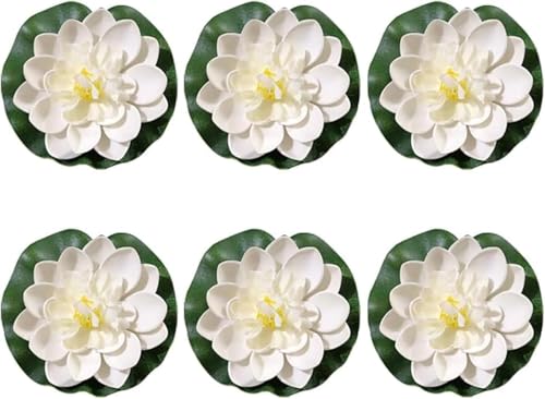 Wpppan 6 Pcs White Artificial Lotus Flower Large Floating Lotus Flowers Faux Flowers Water Lily Flowers Fish Pond Plants with Artificial Lily Pads, Home Decor Flower