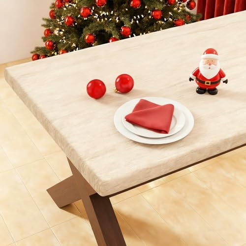 Smiry Rectangle Picnic Table Cover, Waterproof Elastic Fitted Vinyl Tablecloth for 6 Foot Tables, Wipeable Flannel Backed Camping Tablecloths Protector for Indoor, Outdoor (Beige, 30x72 Inches)