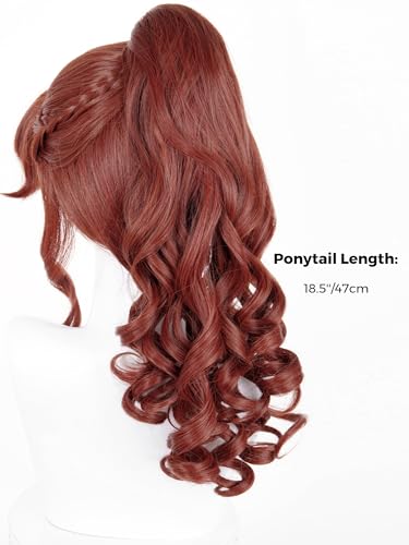 Image of Half and Half Red Brown Ponytail Wig with Bangs Long Curly Dark Brown Anime Cosplay Wig Synthetic Hair for Women Halloween Party
