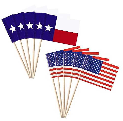 stidsds 100 Pcs American USA Texas Flag US Texas State Toothpick Flags Mini Small Texas Cupcake Toppers Stick Flags Banner U.S. States Party Cocktail Fruit Decoration