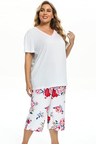 Image of Vozanet Women's Pajamas Set Soft V Neck Sleepwear Top and Capri Pj Lounge Sets Cartoon Heart Shape Cat Nighty Plus Size