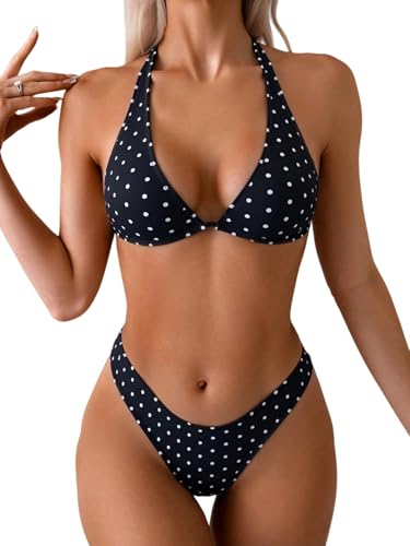 Fanuerg Women's Triangle Bikini Sets Halter String Two Piece Swimsuits High Cut Cheeky Bathing Suit Black Polka Dots S