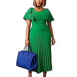 AOMEI Women's Green Short Sleeve Asymmetrical Ruffles High Waist Pleated Hem Midi Spring Dress (1XL,X-Large)