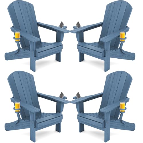 SERWALL Folding Adirondack Chair, HDPE Adirondack Chairs Set of 4, Plastic Outdoor Chairs- Looks Exactly Like Real Wood- Navy
