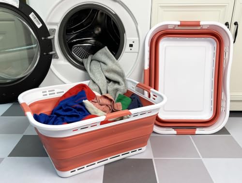 Image of SAMMART Set of 2 Collapsible Plastic Storage Basket - Foldable Pop Up Storage Container - Portable Laundry Organizer - Space Saving Hamper (White /Blush Red, 42L (Style A))