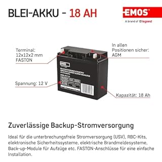 EMOS - Batteria al piombo senza manutenzione - 12V 18Ah - Batteria AGM - Per illuminazione di emergenza, sistemi di allarme, dispositivi UPS - Controllata da valvole, valvole di sicurezza