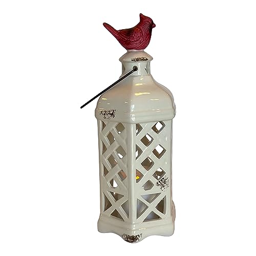 Gift Essentials Decorative Lantern, Battery Operated Table Lamp, LED Candle Inside a White Ceramic Lantern with Red Cardinal, 10.6 Inch Indoor Christmas Decor