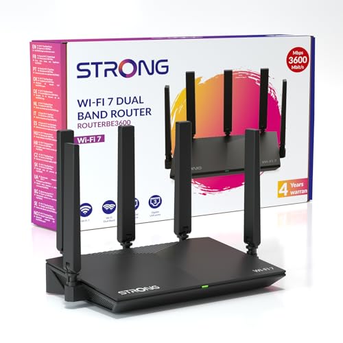 STRONG BE3600 Dual-Band Wi-Fi 7 Router, bis zu 3,6 Gbit/s, MLO Unterstützung, Internet WLAN Router, 2,5G WAN & Gigabit LAN, 5× Externe Antennen, App-Steuerung, Kindersicherung, WPA3, TWT, IPv6