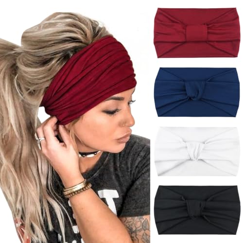Image of DRESHOW 4 Pack Turban Headbands for Women Wide Vintage Head Wraps Knotted Cute Hair Band Accessories