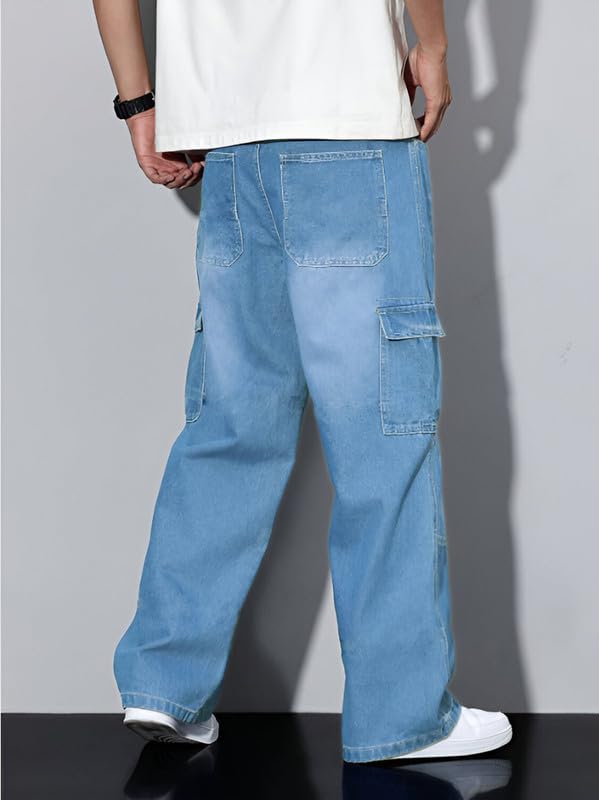 Image of Ben Martin Men's Denim Cotton Cargo Jeans || Stretchable Baggy Fit || High Waist Loose Cargos for Men with Box Pockets || Stylish Gen-Z Streetwear || Sizes 28-40 || Black, Khaki, Grey & More (1)