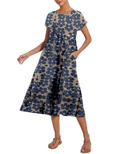 Image of LARMLISS Baggy Crew Neck Dress for Women Summer Casual Comfy Cotton Short Sleeve Tunic Beach Maxi Dresses with Pockets