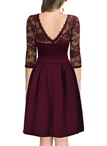 Miusol Women's Vintage Floral Lace 2/3 Sleeve Bridesmaid Party Dress, Wine, Large