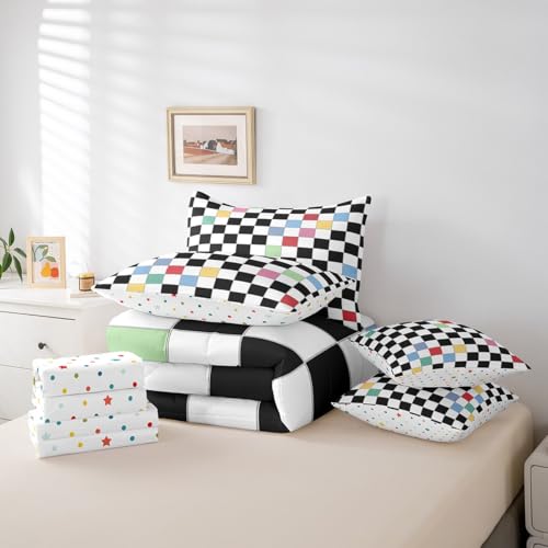 Image of Erosebridal Black White Checkered Kids Bedding Set King 7 Piece Colorful Checkerboard Grid Comforter Set with Sheets Funky Buffalo Plaid Bed in A Bag for Boys Girls Teen Groovy Gingham Bed Set