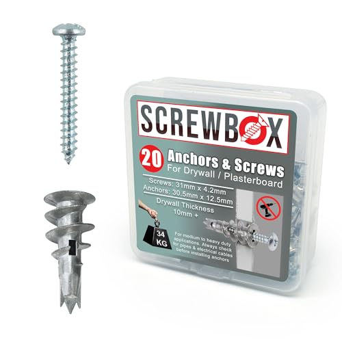 SCREWBOX Plasterboard Fixings 20pcs Heavy Duty Drywall Anchors & Screws Metal Self Drilling Wall Plugs for Strong Grip