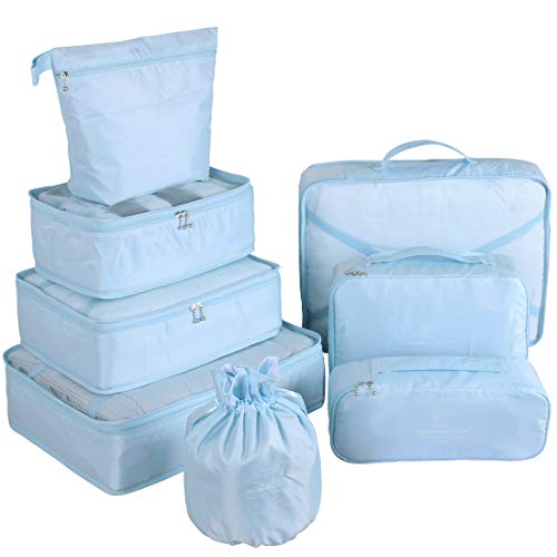 Packing Cubes for Travel 8 Pcs Luggage Organizer Set Travel Cubes with Waterproof Shoe Bag (Light blue)