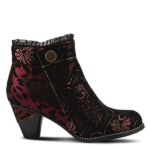 L`Artiste Dessa Women’s Leather Bootie with Metallic Suede, Animal Print Textile, Taffeta Ruffle Collar, Antiqued Button, Rainbow Stitch Cone Heel, Almond Toe BORDEAUX MULTI EU 39 / US 8.5 by Spring Step L'Artiste - Used condition - Image 9