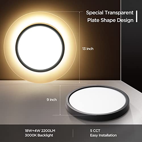 Ocioc 13Inch Flush Mount Ceiling Light Fixture With 3000K Nightlight, 22W, 2200Lm, 3000K/3500K/4000K/5000K/ 6500K Selectable, Led Ceiling Light For Dining Room, Bedroom, Kitchen Black #TOP3