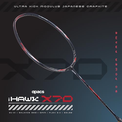 Image of Apacs iHawk X70 (Unstrung) Full Graphite Ultra Strong Carbon Fibre (75-79g) | 35 LBS Max Tension | 3D Power Frame | Made in Vietnam Badminton Racket with Full Cover (Black) (All Rounder)