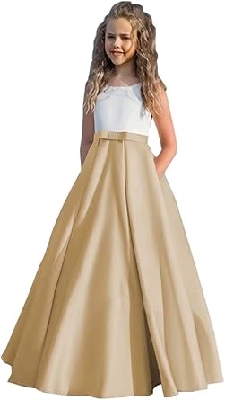 Long Junior Bridesmaid Dress 7-16 Blush Prom Dresses for Girls Stain Floor Length White