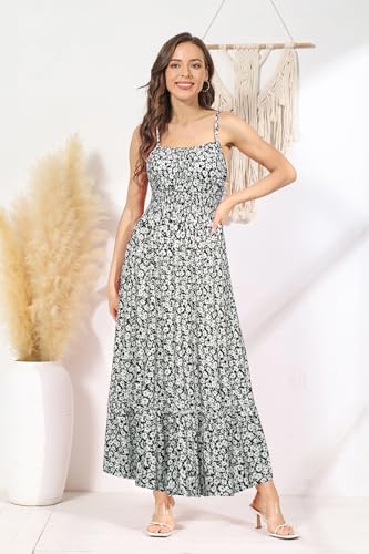 GRACE KARIN Womens 2025 Summer Maxi Dress Sleeveless Floral Spaghetti Strap Smocked Boho Beach Long Dress with Pockets