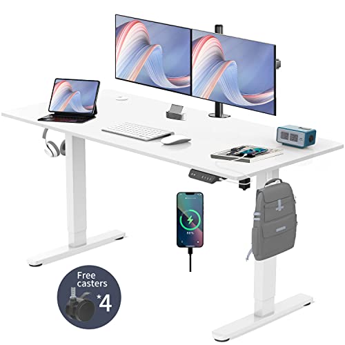 Devoko Bureau Assis Debout Bureau Debout Électrique Réglable en Hauteur avec Type C&A, 3 Positions Mémorisables et roulettes (Blanc, 140 × 60 cm)