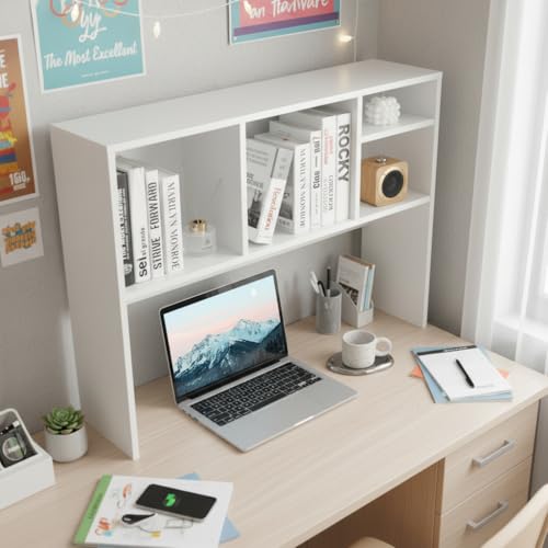 Image of Tangkula Desktop Bookshelf, Countertop Storage Hutch with 4 Shelves for Computer Desk, Desktop 2-Tier Display Rack, Multipurpose Wood Desktop Hutch Storage Organizer for Dorm Office Home (White)