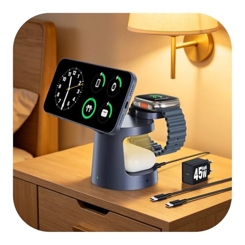 GEEKERA Qi2.2 25W 3-in-1 Ladestation mit Nachtlicht: Faltbares & MagSafe-kompatibles Schnellladegerät für iPhone Air/17e/17/16/15-12 Apple Watch 2-11 AirPods inklusive 45W GaN Netzteil Gunmetal