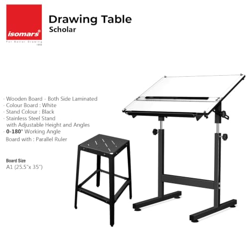 Image of Isomars Drawing & Drafting Table - Scholar with A1 Full ImperialParallel Bar Drafting Board Stand & Stool Adjustable Height & Angles for Architects, Engineers, Designers, Students & Professionals