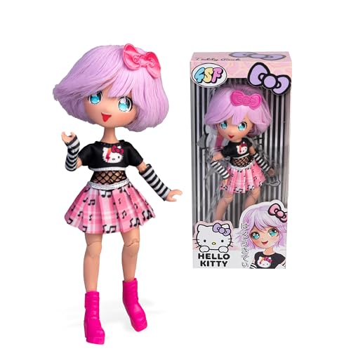 4SF - Hello Kitty Manga Doll Teddy Rock, boneca Fashion japonesa com aparência moderna manga, figura de 19,5 cm com 15 pontos de articulação, cabelo roxo, acessórios incluídos, famosa (HKTF0100)