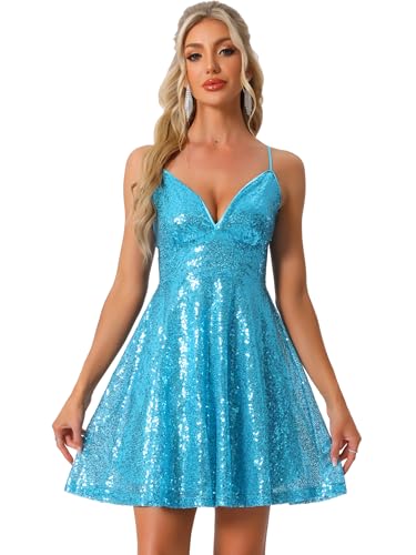 Image of Allegra K Glitter Sequin Dresses for Women's Spaghetti Strap Tie Back Backless Mini Party Dress Clubwear