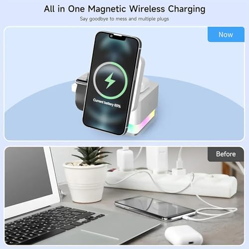 Image of Karwan Wireless Charger 3in1 22w Magnetic Mag-Safe with Lamp for i-Phone 16 /16 Plus /16 Pro /16 Pro Max, iPhone 15 /15 Plus /15 Pro /15 Pro Max,iPhone 14 /13 /12, Samsung 21 /22 /23 /24 /25,iwatch-White