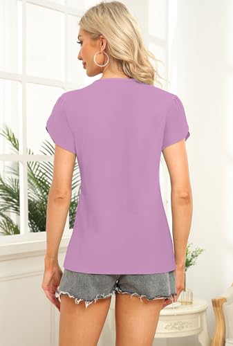 Image of Womens Petal Sleeve Tops Summer Trendy T Shirt Casual Loose Square Neck Button Blouse Tees