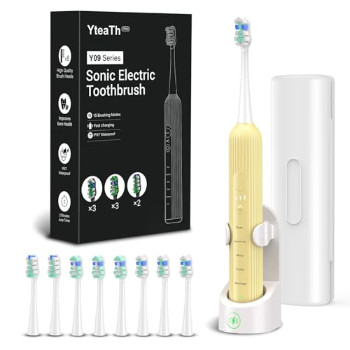 Cepillo de dientes eléctrico sónico para adultos con 8 cabezales de cepillo y funda de viaje, cargador rápido inalámbrico y duradero, 5 modos y temporizador inteligente, cepillo de viaje, amarillo