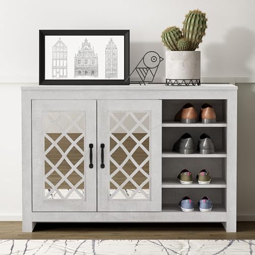 Galano Millicent Armoire de rangement à chaussures pour 16 paires, organiseur autonome avec portes miroir en acrylique pour entrée, armoire étroite à chaussures, 34 x 112,5 x 76,2 cm (l x L x H),