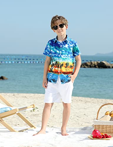 Boys Palm Trees Shirt For Size 10-12 Teenagers 3D Floral Print Funny Orange Teal Blue Short Sleeve Buttons Collared Dress Up T-Shirts Big Guys Child Tropical Hawaiian Summer Holiday Party Customes #TOP1