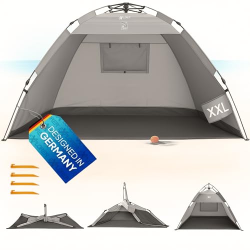 EXPLORER XXL Automatik Strandmuschel mit UV Schutz 80+ [220x150x130cm] kleines Packmaß leicht und schnell in Sekunden aufgebautes Strandzelt Sonnenschutz Muschel automatisch Windschutz grau-Sand