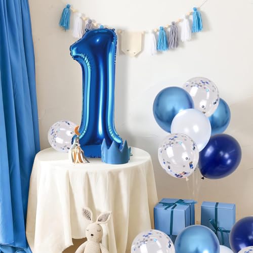 Image of Dark Blue Number 1 Balloon 40 Inch, Large Balloon 1 with Metallic Light Navy Blue Silver Confetti Balloon, Self Inflating Helium Foil One Balloons for Boys 1st Birthday Party Baby Shower Decorations