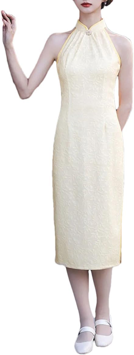 Women's Chinese Style Slim Off Shoulder Cheongsam Sleeveless Solid Color Dress