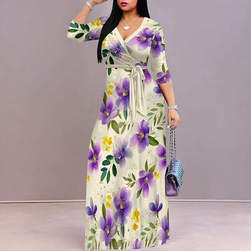 Image of Women Plus Size Long Sleeve V Neck Maxi Dress with Belt | Soft fabric relaxed fit three quarter sleeve v neck with pockets for party and daily wear