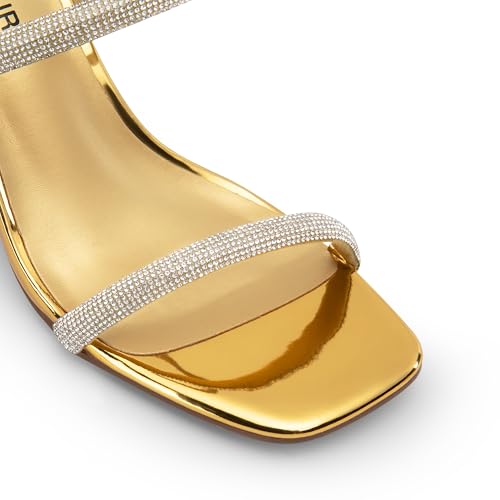 DREAM PAIRS DREAM PAIRS Women's Square Open Toe Block Heels Two Strap Slip On High Heeled Slides Sandals,Size 6.5,Gold-Rhinestone