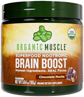 Organic Muscle Brain Boost Nootropics Blend – Vegan & Organic Superfood Health Supplements for Focus, Memory & Productivity with Ashwagandha, Ginkgo & Ginseng – Chocolate Flavor, 20 Servings