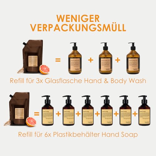 Jean & Len Hand & Body Wash Blutorange & Vetiver, reinigt und pflegt die Haut beim Waschen, fruchtig-holziger Duft, Flüssigseife im Nachfüllpack, ohne Parabene & Silikone, vegan, 1,5L