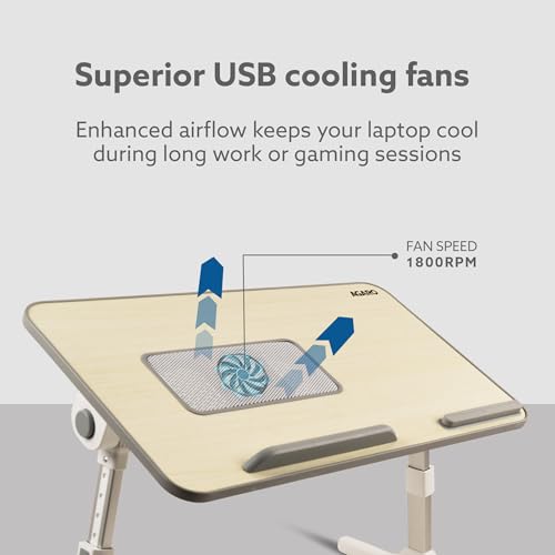 Image of AGARO Laptop Table with 1800 RPM USB Cooling Fans, Height & Angle Adjustable, Foldable, Ergonomic, Sturdy Stand with Anti-Slip Stopper & Wrist Support for Bed, Sofa & Floor, for Work, Study & More