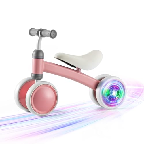 Colorful Lighting Baby Balance Bike, 1st Birthday Girl Gifts with 4 Silent Wheels & Soft Seat, Balance Bike 1 Year Old No Pedal, 12-24 Months Toddler Ride-on Toys, Baby Walker for Girls Boys, Pink
