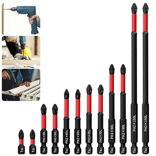 KOZTOL 12Pcs Phillips PH2 Magnetic Anti Slip Screwdriver Bit Set, S2 Steel Magnetic Drill Bits, Long Phillips Screwdriver Bits, 1/4" Hex Shank Driver Bits for Impact Drivers (Red)